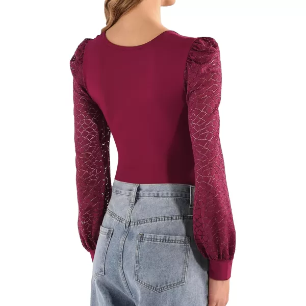 MANGOPOP Square Neck Bodysuit Puff Sleeve Bodysuit for Women Long Sleeve Going Out Tops Lace Body Suit ShirtsBurgundy