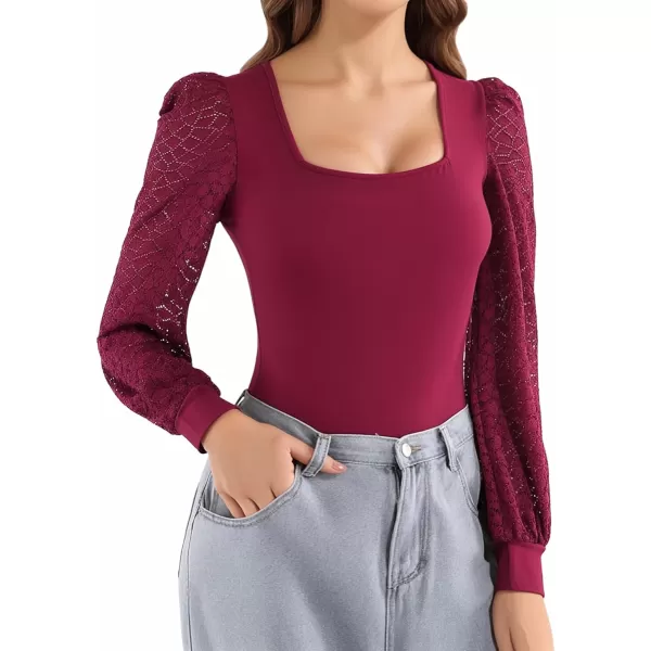 MANGOPOP Square Neck Bodysuit Puff Sleeve Bodysuit for Women Long Sleeve Going Out Tops Lace Body Suit ShirtsBurgundy