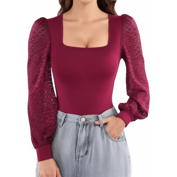 MANGOPOP Square Neck Bodysuit Puff Sleeve Bodysuit for Women Long Sleeve Going Out Tops Lace Body Suit ShirtsBurgundy