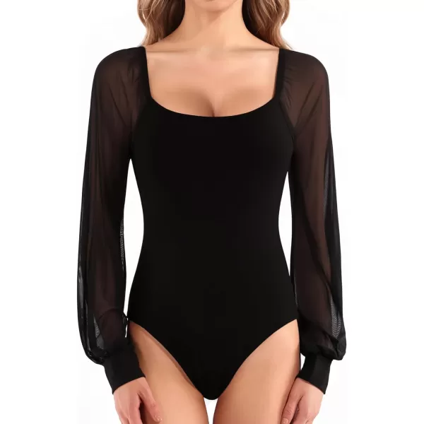 MANGOPOP Square Neck Long Sleeve Body suit Loose Lantern Mesh Bodysuit Shirts for WomenLong Sleeve Black