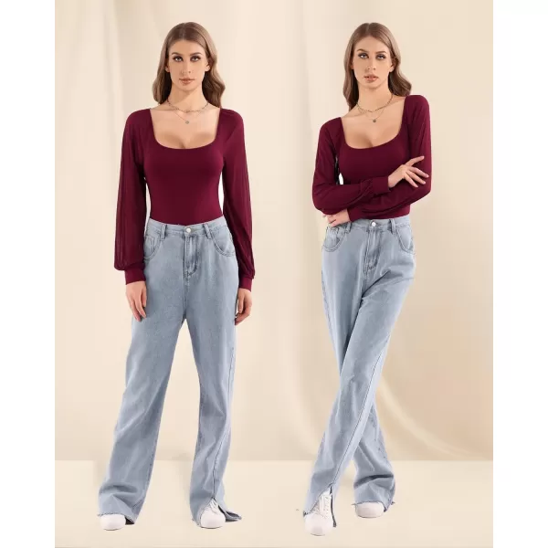 MANGOPOP Square Neck Long Sleeve Body suit Loose Lantern Mesh Bodysuit Shirts for WomenLong Sleeve Burgundy