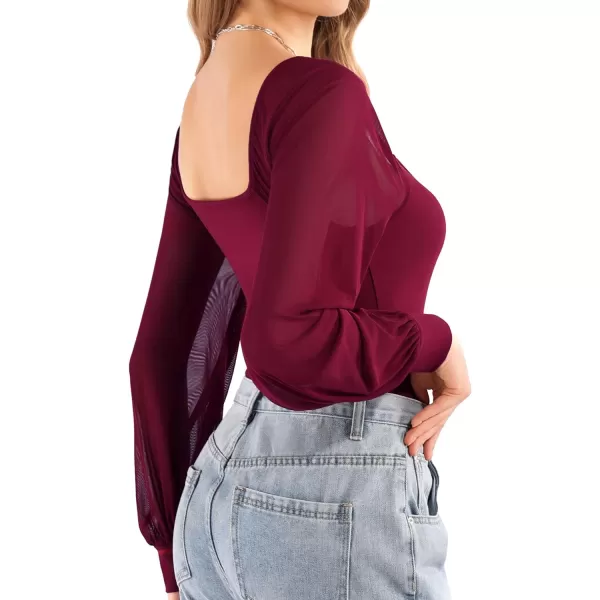 MANGOPOP Square Neck Long Sleeve Body suit Loose Lantern Mesh Bodysuit Shirts for WomenLong Sleeve Burgundy