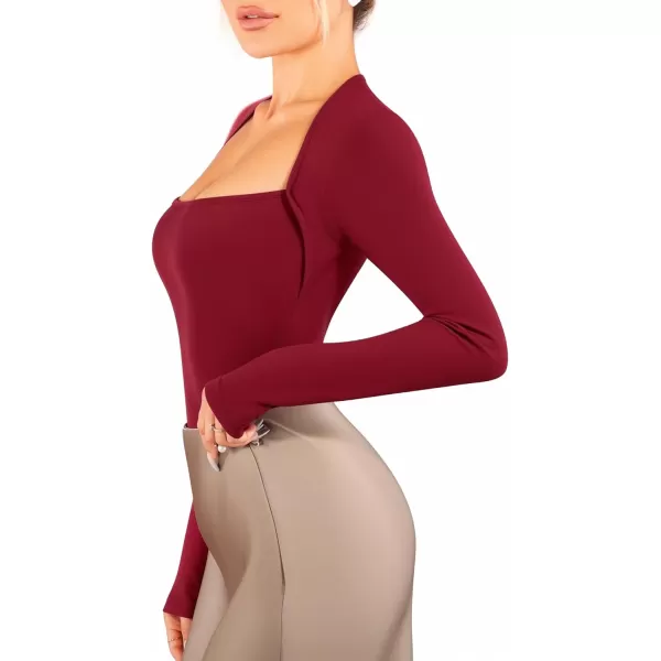 MANGOPOP Square Neck Long Sleeve Bodysuits for Women Sexy Tops BasicBurgundy