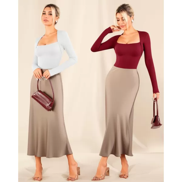 MANGOPOP Square Neck Long Sleeve Bodysuits for Women Sexy Tops BasicBurgundy