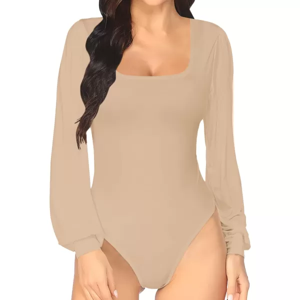 MANGOPOP Square Neck Puff Sleeve Bodysuit Loose Lantern Long Sleeve Body Suit for Women for Going OutLong Sleeve Nude