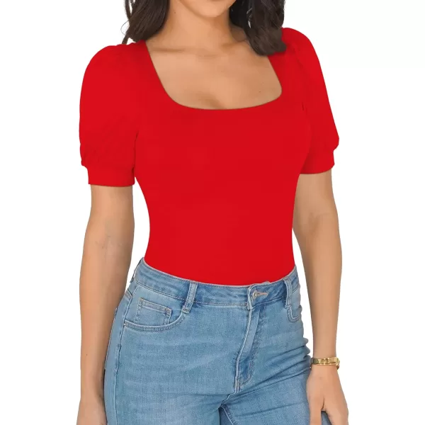 MANGOPOP Square Neck Puff Sleeve Bodysuit Loose Lantern Long Sleeve Body Suit for Women for Going OutShort Sleeve Red