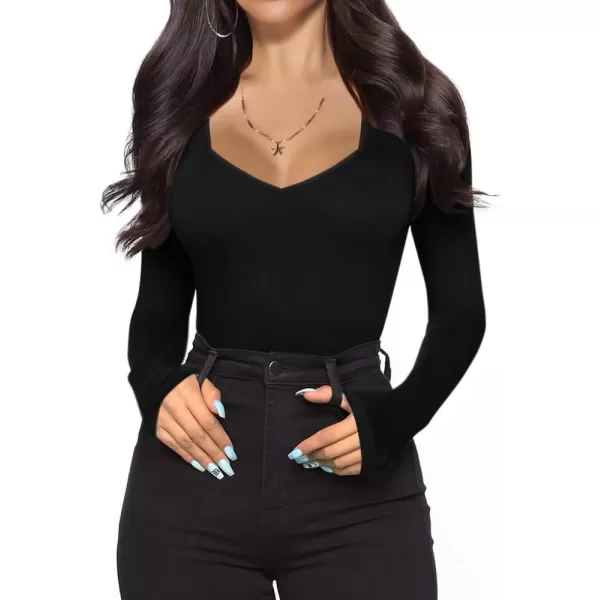 MANGOPOP Sweetheart V Neck Bodysuit for Women Short Sleeve Long Sleeve Body Suits TopsA Long Sleeve Black