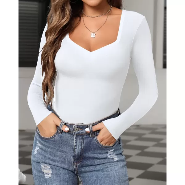 MANGOPOP Sweetheart V Neck Bodysuit for Women Short Sleeve Long Sleeve Body Suits TopsC Long Sleeve White Fleece Lined