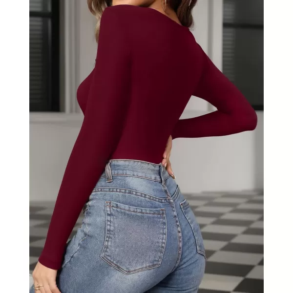 MANGOPOP Sweetheart V Neck Bodysuit for Women Short Sleeve Long Sleeve Body Suits TopsLong Sleeve Burgundy Fleece Lined