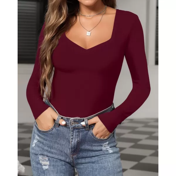 MANGOPOP Sweetheart V Neck Bodysuit for Women Short Sleeve Long Sleeve Body Suits TopsLong Sleeve Burgundy Fleece Lined