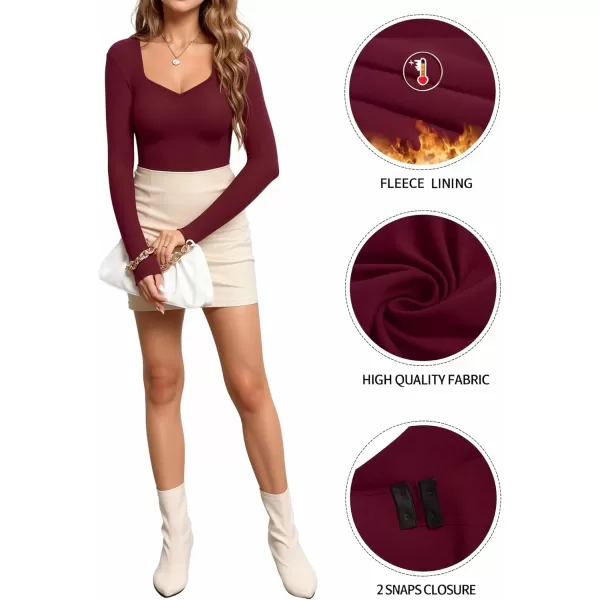 MANGOPOP Sweetheart V Neck Bodysuit for Women Short Sleeve Long Sleeve Body Suits TopsLong Sleeve Burgundy Fleece Lined