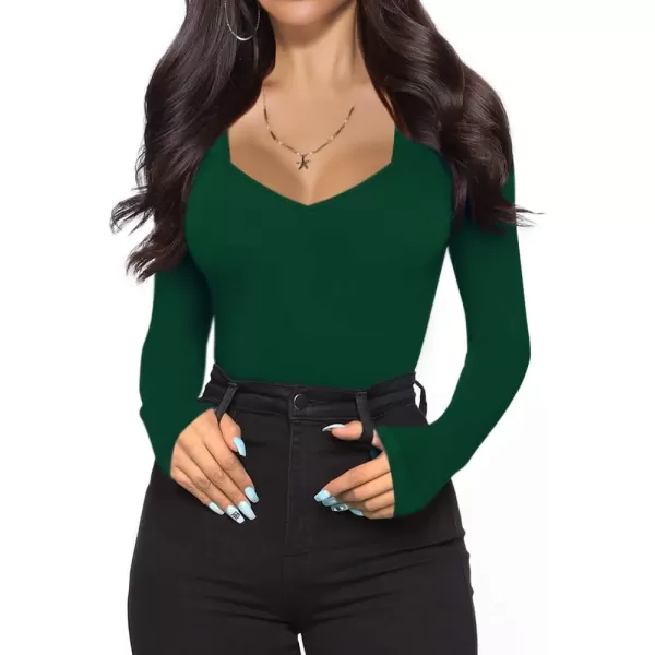 MANGOPOP Sweetheart V Neck Bodysuit for Women Short Sleeve Long Sleeve Body Suits TopsLong Sleeve Deep Green