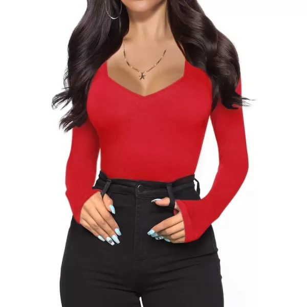 MANGOPOP Sweetheart V Neck Bodysuit for Women Short Sleeve Long Sleeve Body Suits TopsLong Sleeve Red