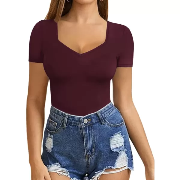 MANGOPOP Sweetheart V Neck Bodysuit for Women Short Sleeve Long Sleeve Body Suits TopsShort Sleeve Burgundy