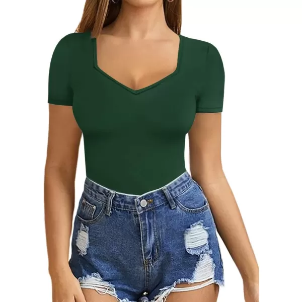 MANGOPOP Sweetheart V Neck Bodysuit for Women Short Sleeve Long Sleeve Body Suits TopsShort Sleeve Deep Green