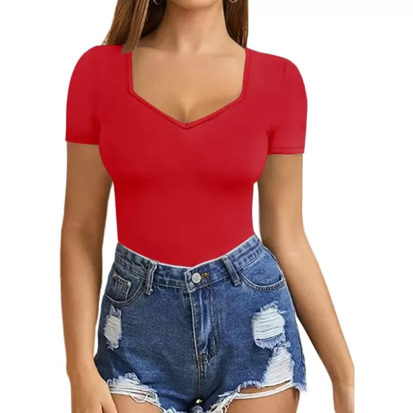 MANGOPOP Sweetheart V Neck Bodysuit for Women Short Sleeve Long Sleeve Body Suits TopsShort Sleeve Pure Red