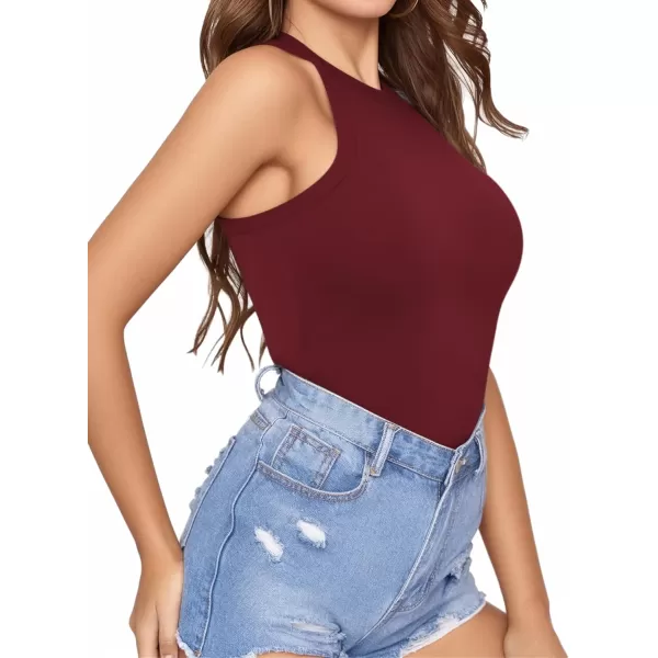 MANGOPOP Tank Top Crewneck Bodysuits for Women Sleeveless Bodysuit BasicBurgundy