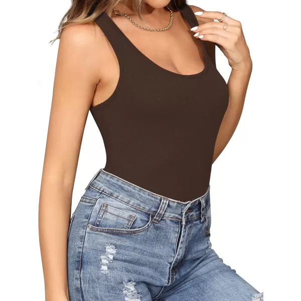 MANGOPOP Tank Top Scoop Neck Bodysuits for Women Sleeveless Racerback Ribbed Basic BodysuitCoffee