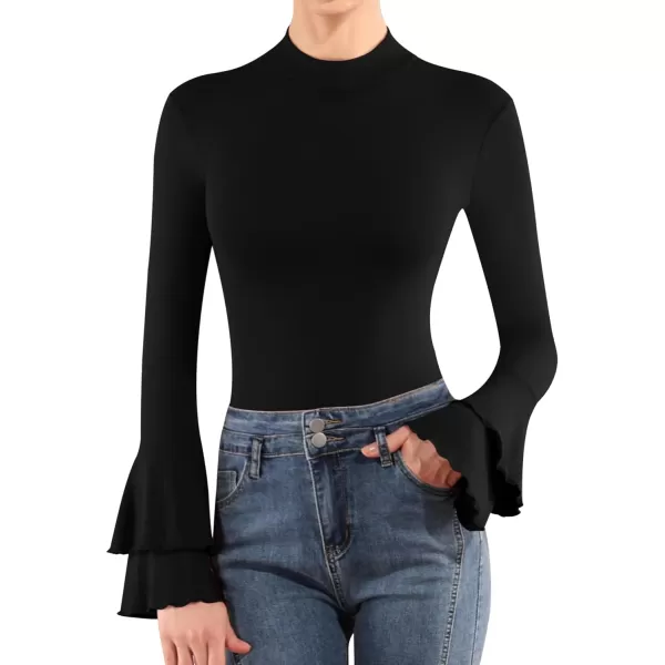 MANGOPOP Turtle Mock Neck Long Sleeve Bell Sleeve Bodysuit blouse for Dressy Casual Going Out for WomenBlack