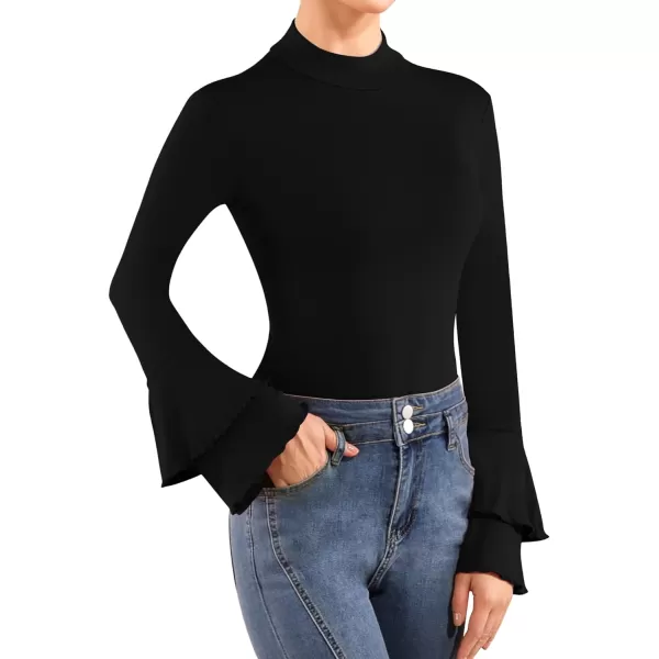 MANGOPOP Turtle Mock Neck Long Sleeve Bell Sleeve Bodysuit blouse for Dressy Casual Going Out for WomenBlack