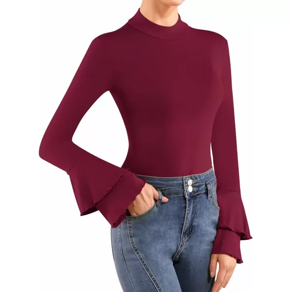 MANGOPOP Turtle Mock Neck Long Sleeve Bell Sleeve Bodysuit blouse for Dressy Casual Going Out for WomenBurgundy