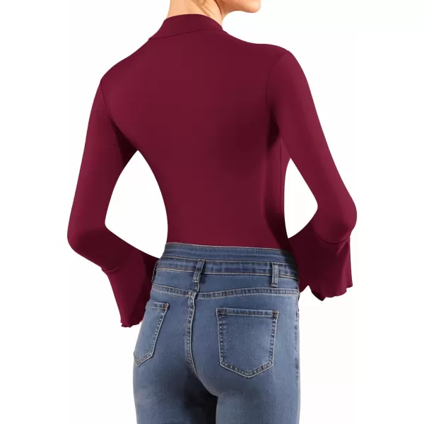 MANGOPOP Turtle Mock Neck Long Sleeve Bell Sleeve Bodysuit blouse for Dressy Casual Going Out for WomenBurgundy