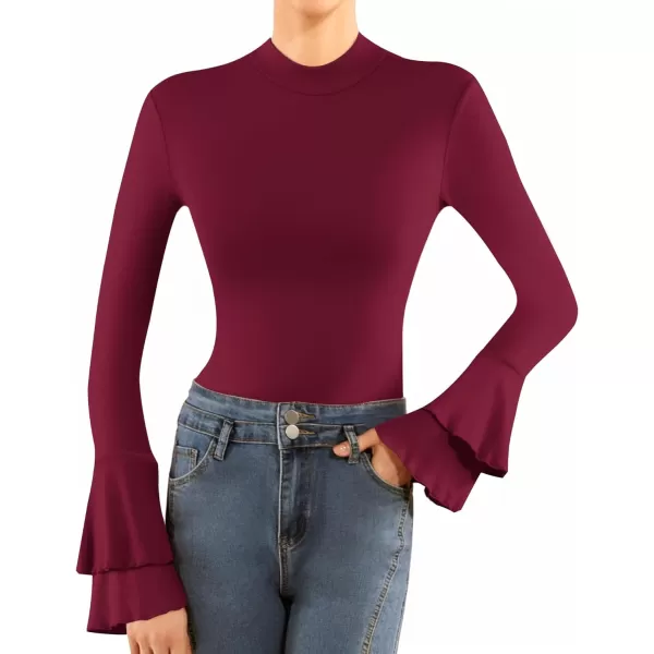MANGOPOP Turtle Mock Neck Long Sleeve Bell Sleeve Bodysuit blouse for Dressy Casual Going Out for WomenBurgundy