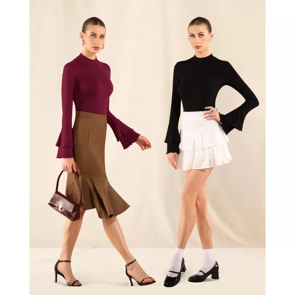 MANGOPOP Turtle Mock Neck Long Sleeve Bell Sleeve Bodysuit blouse for Dressy Casual Going Out for WomenBurgundy