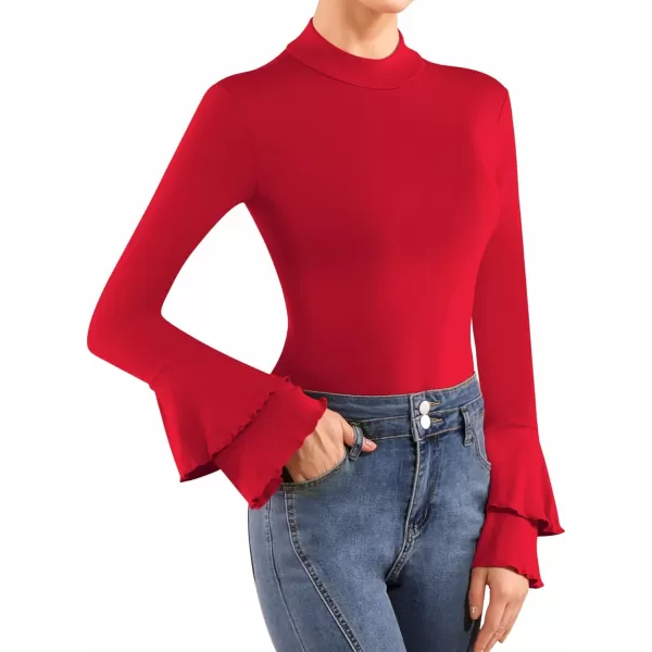 MANGOPOP Turtle Mock Neck Long Sleeve Bell Sleeve Bodysuit blouse for Dressy Casual Going Out for WomenRed