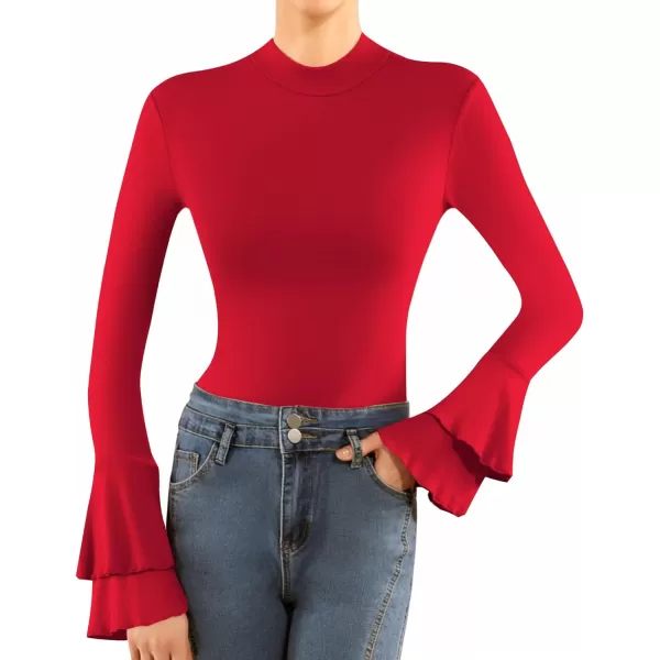 MANGOPOP Turtle Mock Neck Long Sleeve Bell Sleeve Bodysuit blouse for Dressy Casual Going Out for WomenRed