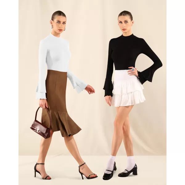 MANGOPOP Turtle Mock Neck Long Sleeve Bell Sleeve Bodysuit blouse for Dressy Casual Going Out for WomenWarm White