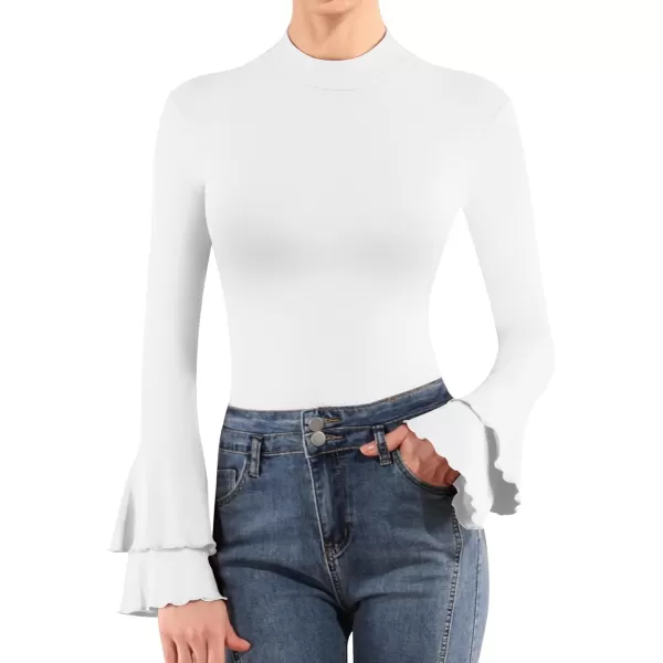 MANGOPOP Turtle Mock Neck Long Sleeve Bell Sleeve Bodysuit blouse for Dressy Casual Going Out for WomenWarm White