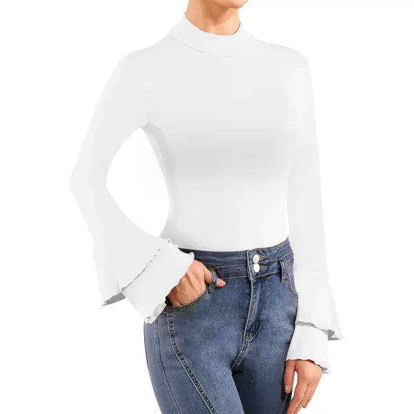 MANGOPOP Turtle Mock Neck Long Sleeve Bell Sleeve Bodysuit blouse for Dressy Casual Going Out for WomenWarm White