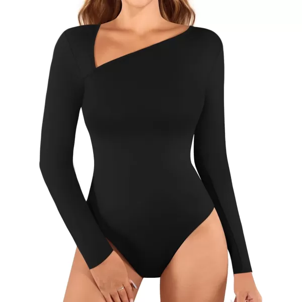 MANGOPOP Women Asymmetrical Neck Long Sleeve Basic T shirt Thong Bodysuit TopsLong Sleeve Black