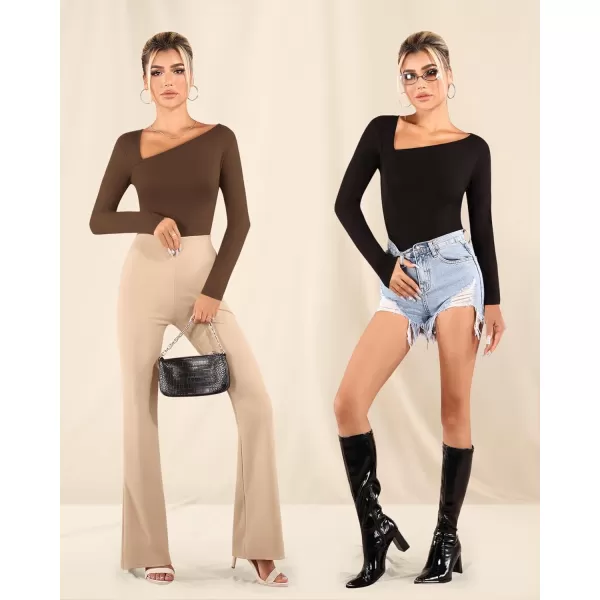 MANGOPOP Women Asymmetrical Neck Long Sleeve Basic T shirt Thong Bodysuit TopsLong Sleeve Coffee