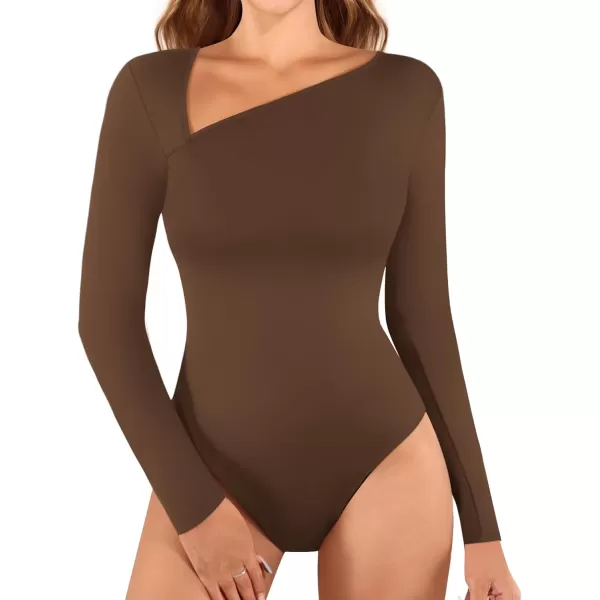 MANGOPOP Women Asymmetrical Neck Long Sleeve Basic T shirt Thong Bodysuit TopsLong Sleeve Coffee