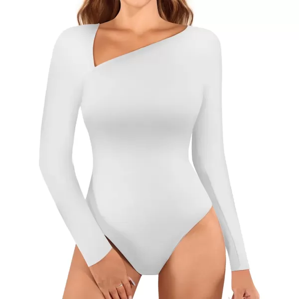 MANGOPOP Women Asymmetrical Neck Long Sleeve Basic T shirt Thong Bodysuit TopsLong Sleeve White