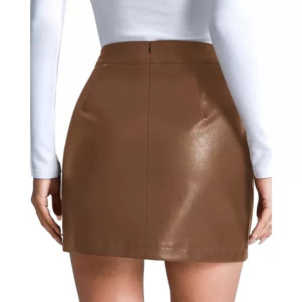 MANGOPOP Women Basic High Waisted Mini Short Pencil Bodycon Faux Leather SkirtBrownmgs015