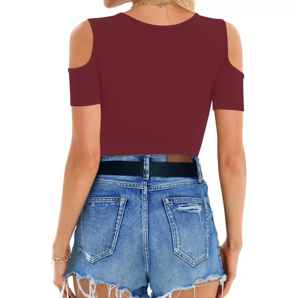 MANGOPOP Women Sexy Deep V Neck Short Sleeve Bodysuit Tops Cold Shoulder Casual T ShirtsBurgundy