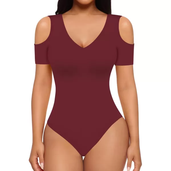 MANGOPOP Women Sexy Deep V Neck Short Sleeve Bodysuit Tops Cold Shoulder Casual T ShirtsBurgundy