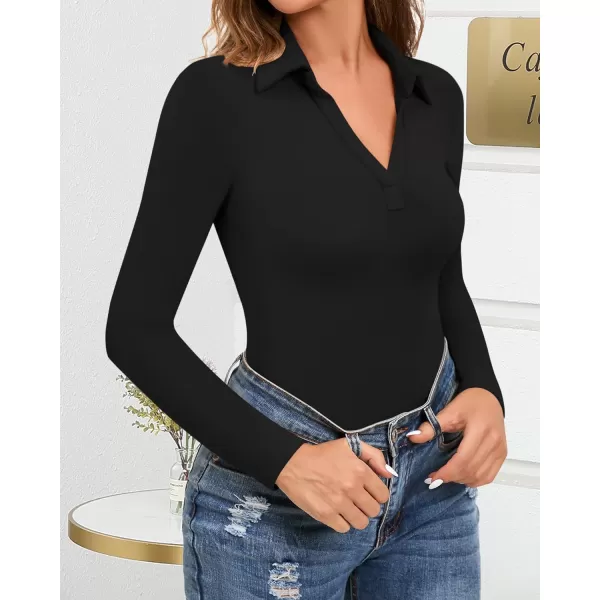 MANGOPOP Women V Neck Polo T Shirts Short Sleeve Long Sleeve Bodysuit Tops Casual Collared LeotardA Long Sleeve Black