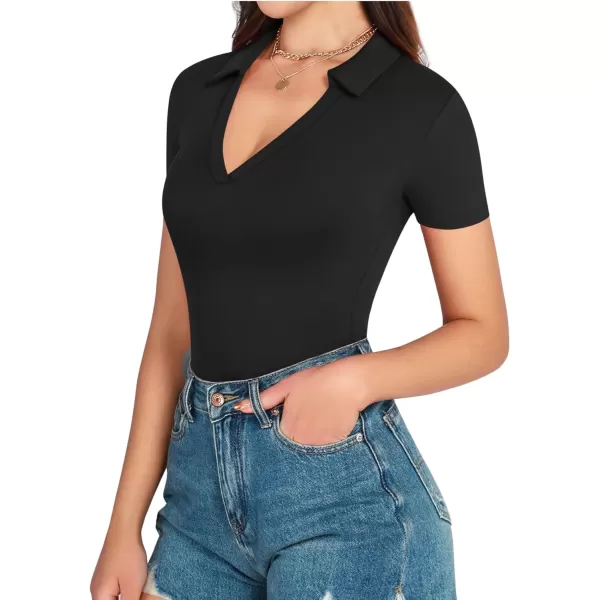 MANGOPOP Women V Neck Polo T Shirts Short Sleeve Long Sleeve Bodysuit Tops Casual Collared LeotardB Short Sleeve Black