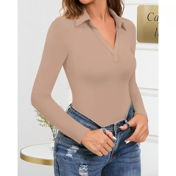 MANGOPOP Women V Neck Polo T Shirts Short Sleeve Long Sleeve Bodysuit Tops Casual Collared LeotardLong Sleeve Mocha