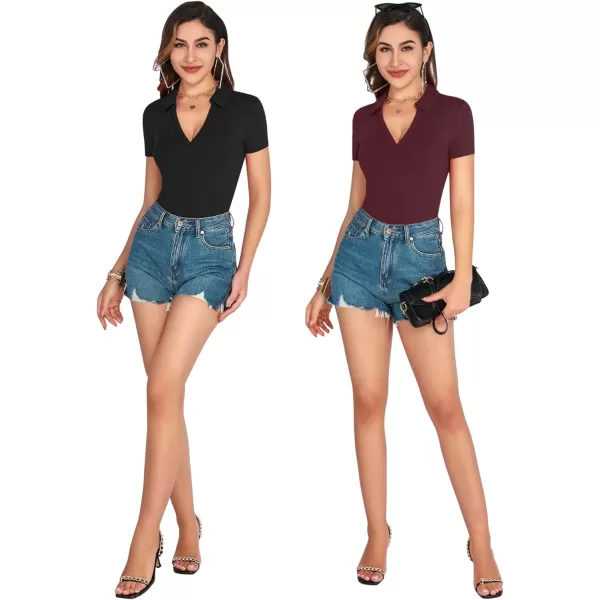 MANGOPOP Women V Neck Polo T Shirts Short Sleeve Long Sleeve Bodysuit Tops Casual Collared LeotardShort Sleeve Burgundy