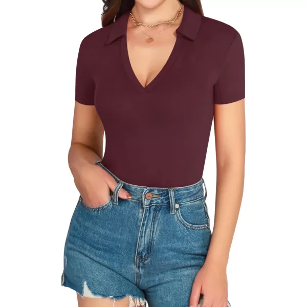 MANGOPOP Women V Neck Polo T Shirts Short Sleeve Long Sleeve Bodysuit Tops Casual Collared LeotardShort Sleeve Burgundy