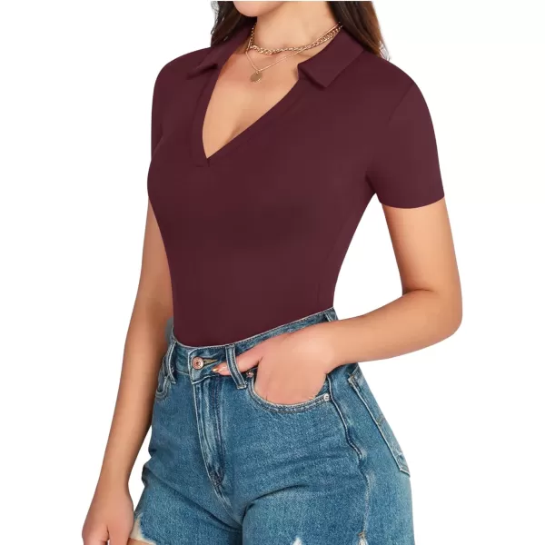 MANGOPOP Women V Neck Polo T Shirts Short Sleeve Long Sleeve Bodysuit Tops Casual Collared LeotardShort Sleeve Burgundy