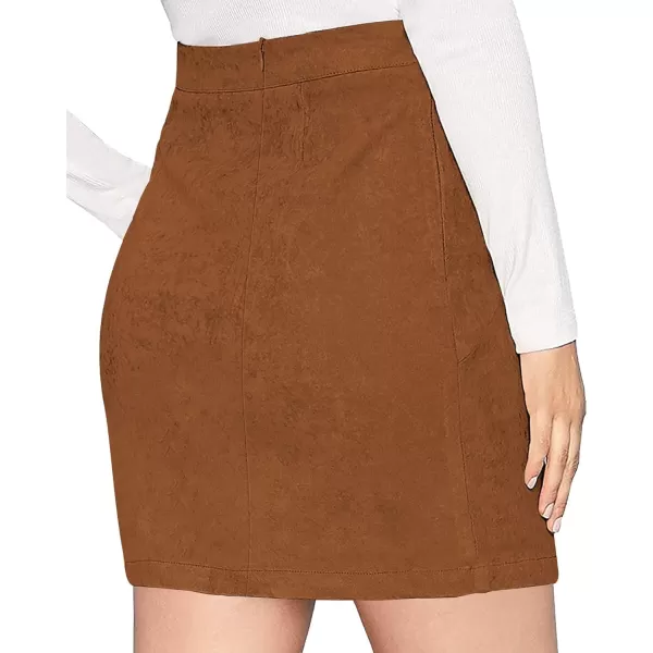 MANGOPOP Womens Basic Faux Suede High Waist Aline Mini Pencil Bodycon SkirtA Brown