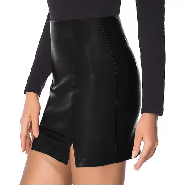 MANGOPOP Womens Basic High Waist Faux Leather Bodycon Mini Pencil SkirtA Black Slits