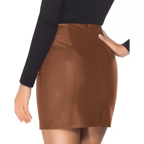 MANGOPOP Womens Basic High Waist Faux Leather Bodycon Mini Pencil SkirtBrown 016