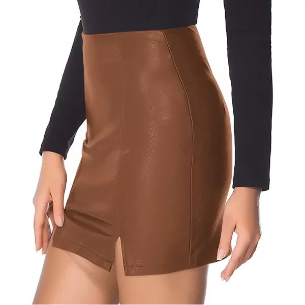 MANGOPOP Womens Basic High Waist Faux Leather Bodycon Mini Pencil SkirtBrown 016